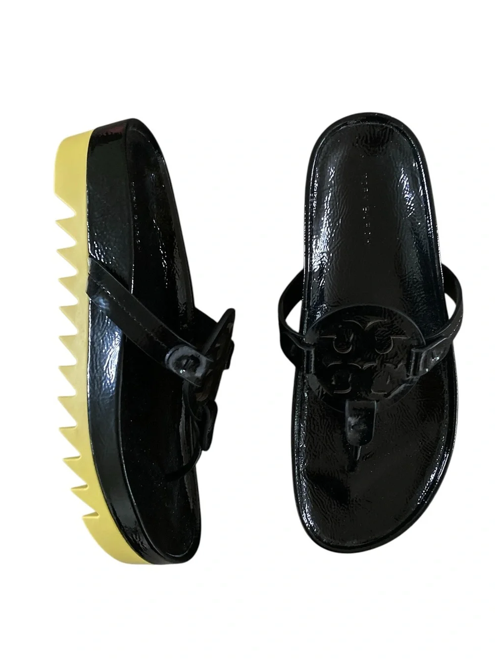 Tory Burch Miller Cloud Lug Sandal NWT Black Patent Leather Logo Cutout Slide